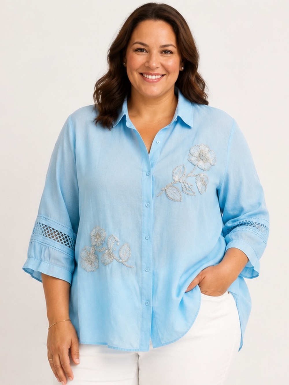 KINDRED Embellished Button Front Blouse Sheer Sleeve Women’s 1X NWT